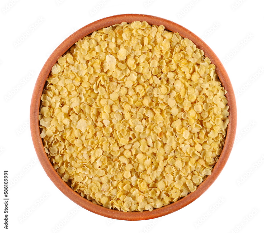 Millet flakes in clay pot isolated on white, top view Millet flakes in clay pot isolated on white, top view