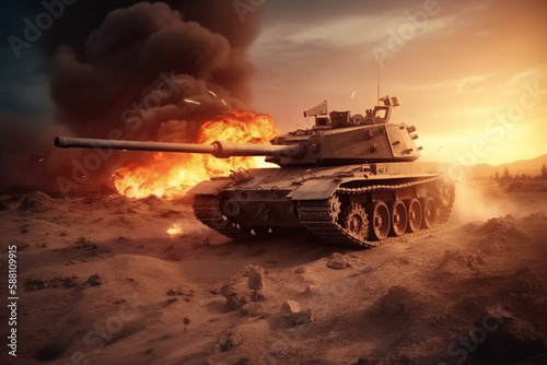 Battle military tank in the desert, Generative AI