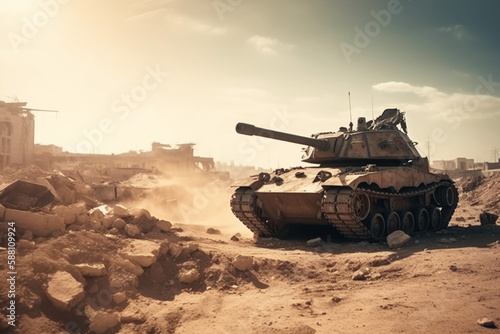 Battle military tank in the desert, Generative AI