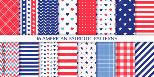 American patriotic seamless texture. 4th July patterns. America independence backgrounds with stars, stripes and plaid. Set of abstract geometric prints. Blue red modern wallpaper. Vector illustration