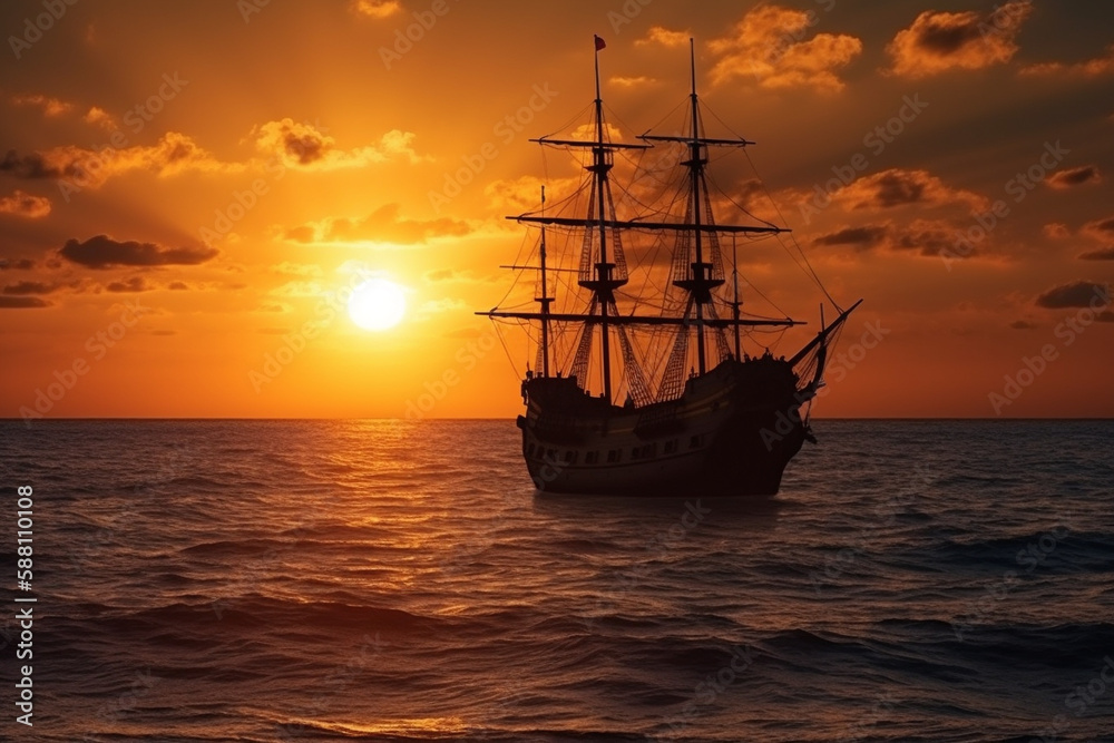 Amazing sunrise or sunset on the ocean or sea with vintage pirate ship in the distance and sun. Old wood or wooden sailboat crusing. Ai generated