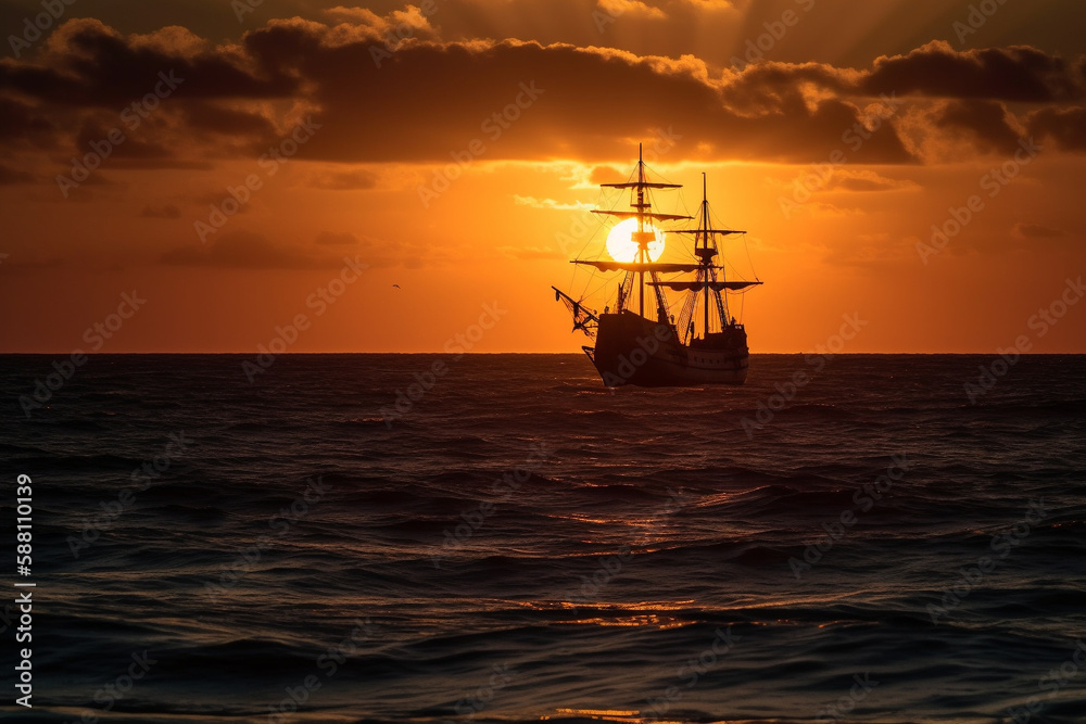 Amazing sunrise or sunset on the ocean or sea with vintage pirate ship in the distance and sun. Old wood or wooden sailboat crusing. Ai generated