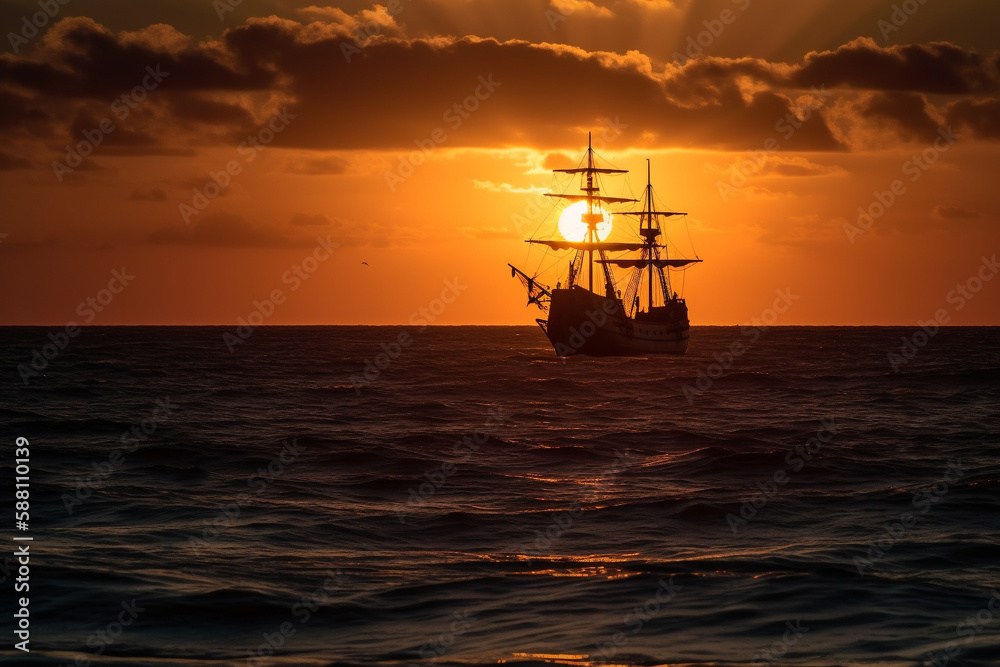 Amazing sunrise or sunset on the ocean or sea with vintage pirate ship in the distance and sun. Old wood or wooden sailboat crusing. Ai generated Amazing sunrise or sunset on the ocean or sea with vintage pirate ship in the distance and sun. Old wood or wooden sailboat crusing. Ai generated