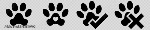 Paw pets set icons. Heart and pet paw print dog cat icon. No dog and cat sign and with green check mark. Vector illustration