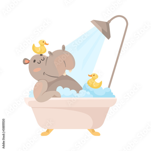 Hippo Character in Bathtub Bathing and Washing with Rubber Yellow Duck Follow Hygiene Rule Vector Illustration