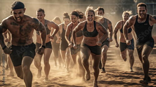 A dynamic, high-energy photograph of a group of fitness enthusiasts engaged in an outdoor workout session, showcasing their strength, determination, and camaraderie. generative ai