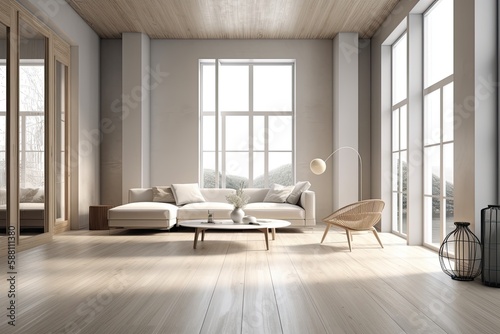 modern and cozy living room with natural light pouring in through large windows. Generative AI