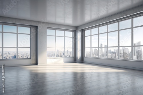 Illustration of an empty room with large windows offering a panoramic view of the cityscape. Generative AI