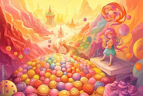 Illustration of a colorful land of sweets and fairies. Generative AI.