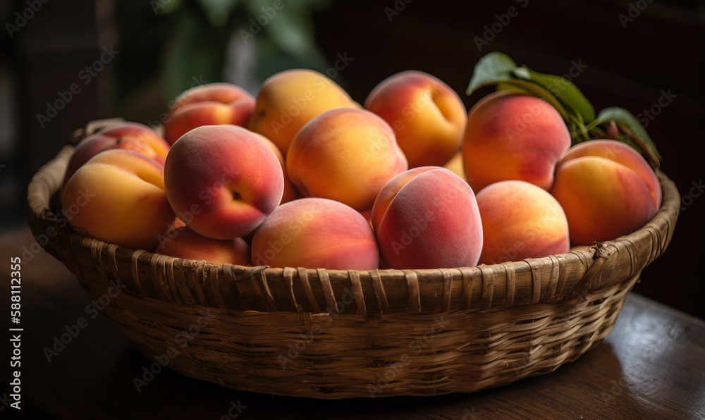  a basket of peaches sitting on a wooden table next to a plant.  generative ai