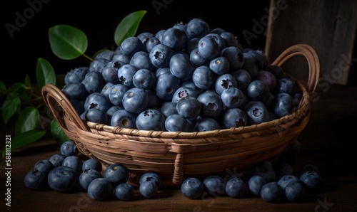  a basket full of blueberries on a table next to a plant.  generative ai