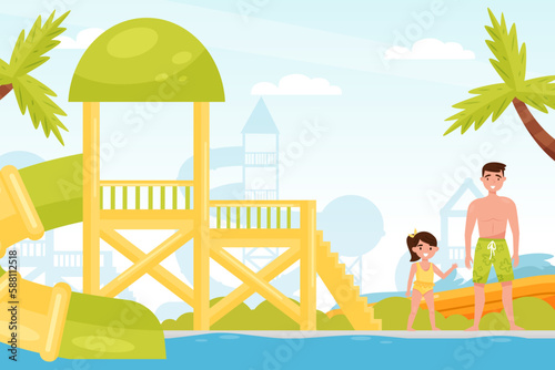 Aquapark with Dad and Daughter Enjoying Amusement Water Attraction and Slides Vector Illustration