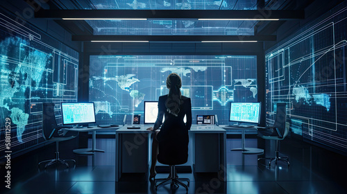 Back view of a businesswoman in a control room of a financial office. Generative AI