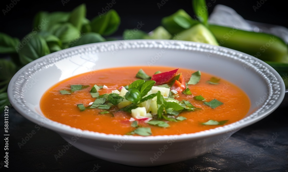  a bowl of carrot soup with a garnish on top.  generative ai