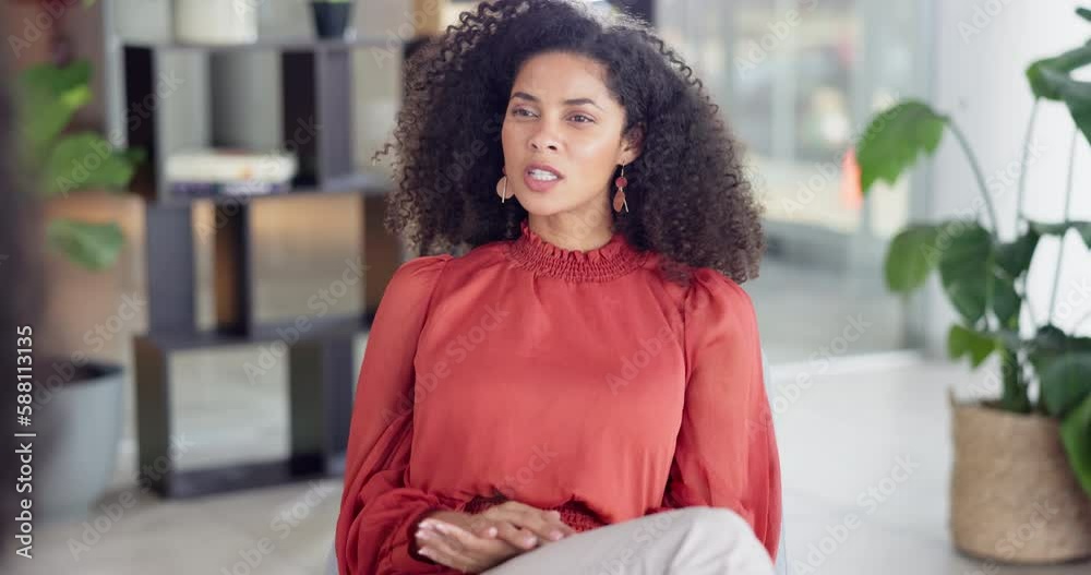 Woman patient talking in counseling session, therapy or psychology for stress, anxiety or mental health advice. Client or person speaking to psychologist, therapist or professional meeting for help