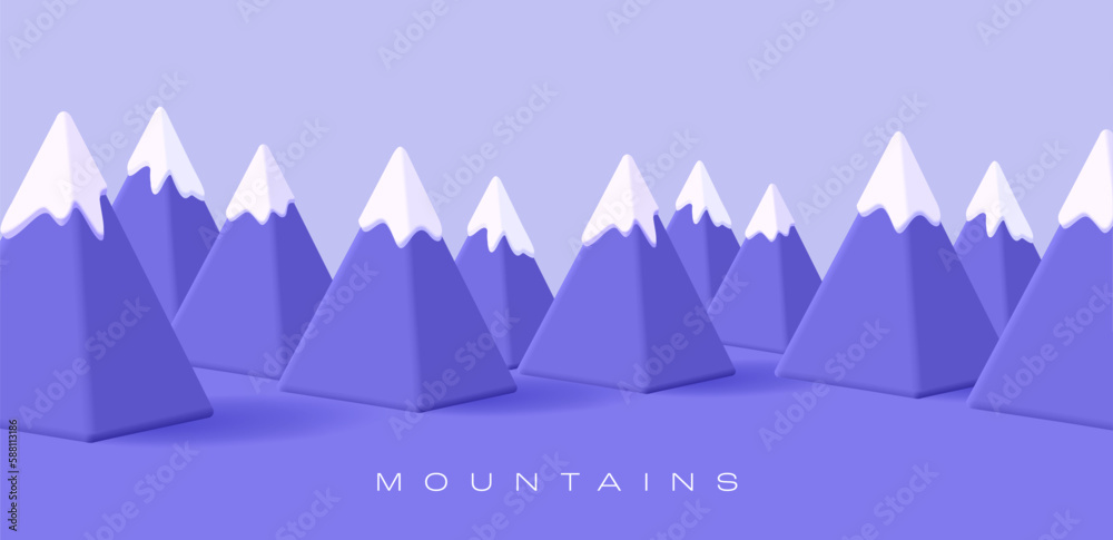 Modern 3D illustration of mountains with snow pyramidal shape. Illustration in purple colors, for recreation, extreme concepts. Modern 3D illustration of mountains with snow pyramidal shape. Illustration in purple colors, for recreation, extreme concepts.