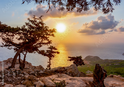 Sunset on Rhodes island seen from Monolithos castle, Greece