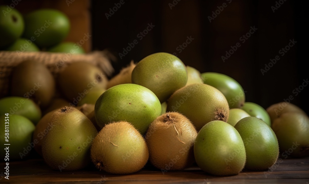 a pile of green apples sitting on top of a wooden table. generative ai a pile of green apples sitting on top of a wooden table. generative ai