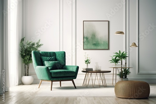 cozy living room with tasteful furniture and a beautiful painting as the centerpiece. Generative AI © AkuAku