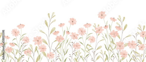 Floral summer horizontal pattern with daisies wildflowers. Watercolor hand drawn isolated illustration border, meadow or floral background for your design.