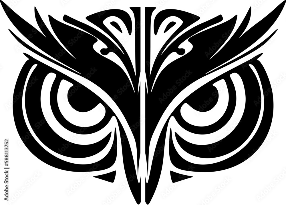 ﻿Black and white owl face tattoo with Polynesian design.