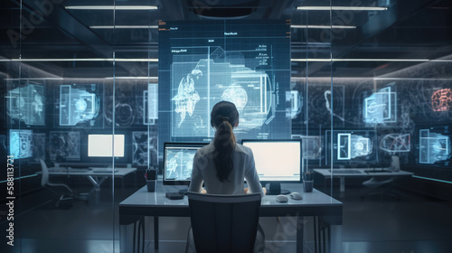 Back view of a businesswoman in a control room of a financial office. Generative AI