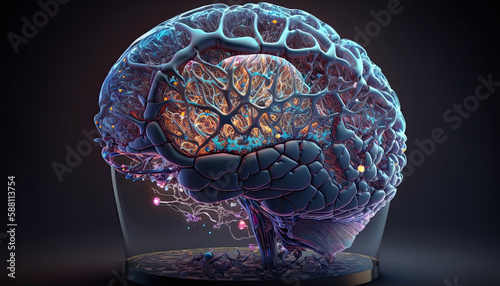 Super brain merging with glass and technology, showing electrical activity, artifical intelligence concept, generative ai