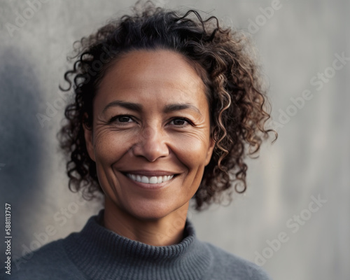 Happy 40 year old woman standing in front of a grey wall. Generative AI.