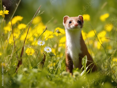 A weasel is sitting on a meadow with yellow flowers.