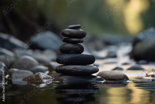 Zen stones stacked on river meditation and zen concept. Balance and stability, relaxation and peace. Natural therapy contemplation theraphy. Ai generated