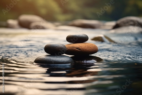 Zen stones stacked on river meditation and zen concept. Balance and stability  relaxation and peace. Natural therapy contemplation theraphy. Ai generated