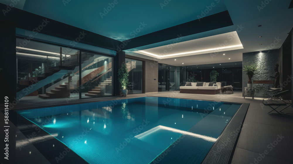 Luxury House Interior Design Featuring Indoor Pool Area Generative AI	