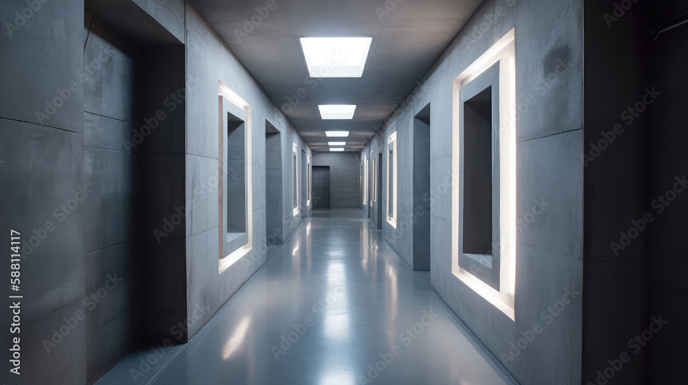 Modern Hallway Room with Abstract Concrete Walls Generative AI	