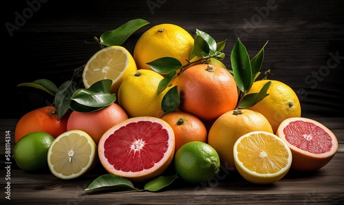  a pile of citrus fruits with leaves and lemons on a table.  generative ai