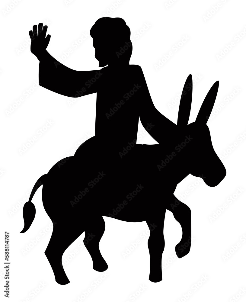 Silhouette of Jesus riding a donkey on white background, Vector illustration
