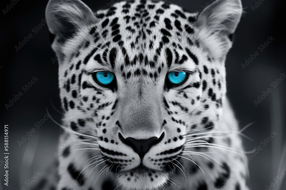 Fototapeta premium black and white portrait of a jaguar with blue eyes- made with generative ai