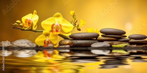 yellow orchids with stones and water, spa and massage background, generative ai