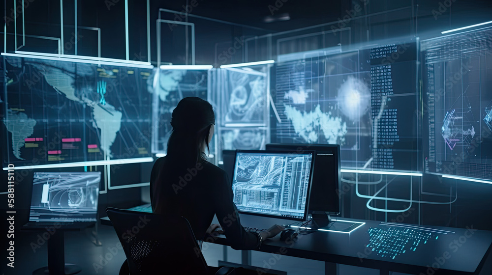 Back view of a businesswoman in a control room of a financial office. Generative AI Back view of a businesswoman in a control room of a financial office. Generative AI