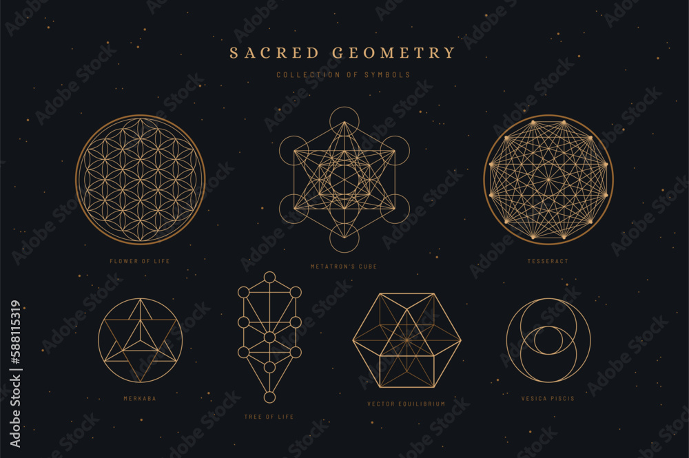 set / collection of sacred geometry symbols or icons, flower of life, metatron's cube, merkaba, tree of life, vesica piscis, vector equililbrium, and tesseract, spiritual / yoga design elements - obrazy, fototapety, plakaty 