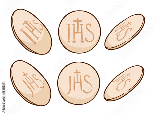 Holy communion bread with IHS and JHS monogram in cartoon style, Vector illustration