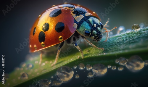 a close up of a lady bug on a leaf with water droplets. generative ai