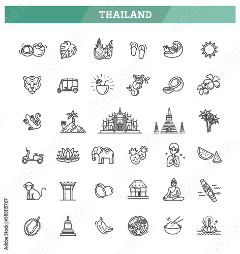 Thailand Icons bundle. Linear dot style Icons. Vector illustration