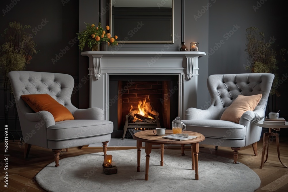 cozy living room with a fireplace and two armchairs. Generative AI cozy living room with a fireplace and two armchairs. Generative AI