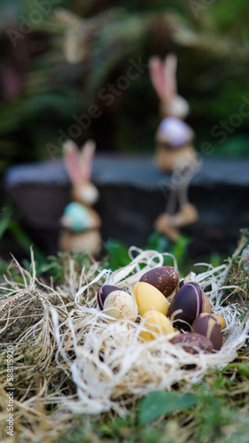 Easter chocolate eggs in the nest hidden in the garden with two small bunny’s in the background.
