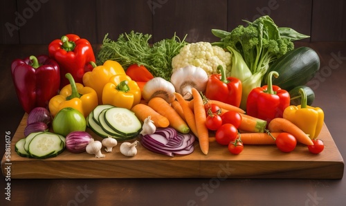  a wooden cutting board topped with lots of different types of vegetables.  generative ai