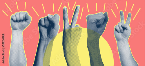 Trendy collage with hand gestures, cutout shapes Symbol win, like, punk. Grunge halftone retro banner poster design. Concept of protest, confrontation, struggle, strike, victory. Vector illustration