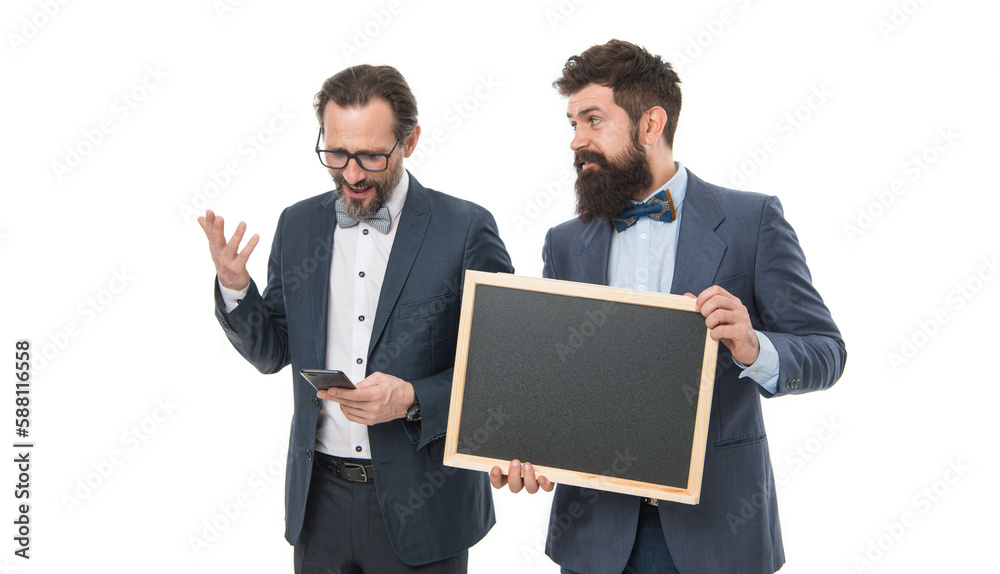 Useful information. Business announcement. Start up business project. Launching business project. Men bearded guys wear formal suits hold blackboard. Well groomed business man hold chalkboard Useful information. Business announcement. Start up business project. Launching business project. Men bearded guys wear formal suits hold blackboard. Well groomed business man hold chalkboard