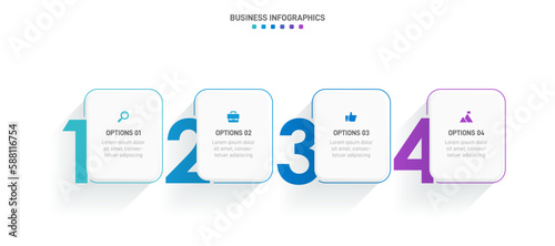 Timeline infographic with infochart. Modern presentation template with 4 spets for business process. Website template on white background for concept modern design. Horizontal layout.