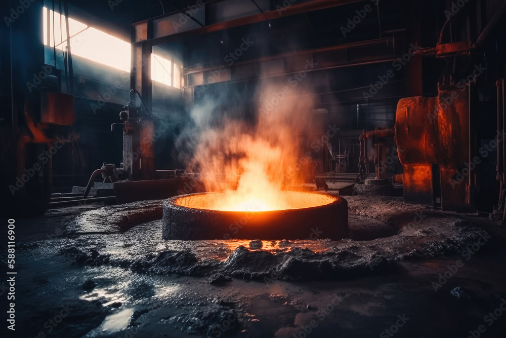Liquid iron molten metal pouring in container, industrial metallurgical factory, foundry cast, heavy industry background. Generative AI. Liquid iron molten metal pouring in container, industrial metallurgical factory, foundry cast, heavy industry background. Generative AI.