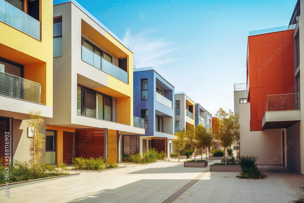 New residential modern houses in a row; condo complex. Generative AI. New residential modern houses in a row; condo complex. Generative AI.